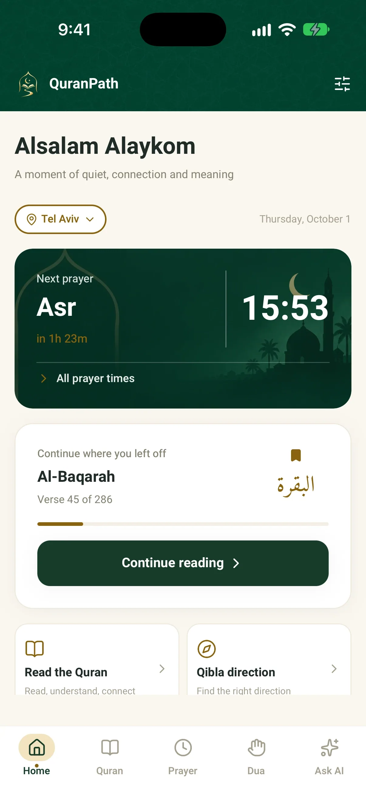 QuranPath home screen showing the next prayer, Asr at 15:53, and where you left off in Al-Baqarah